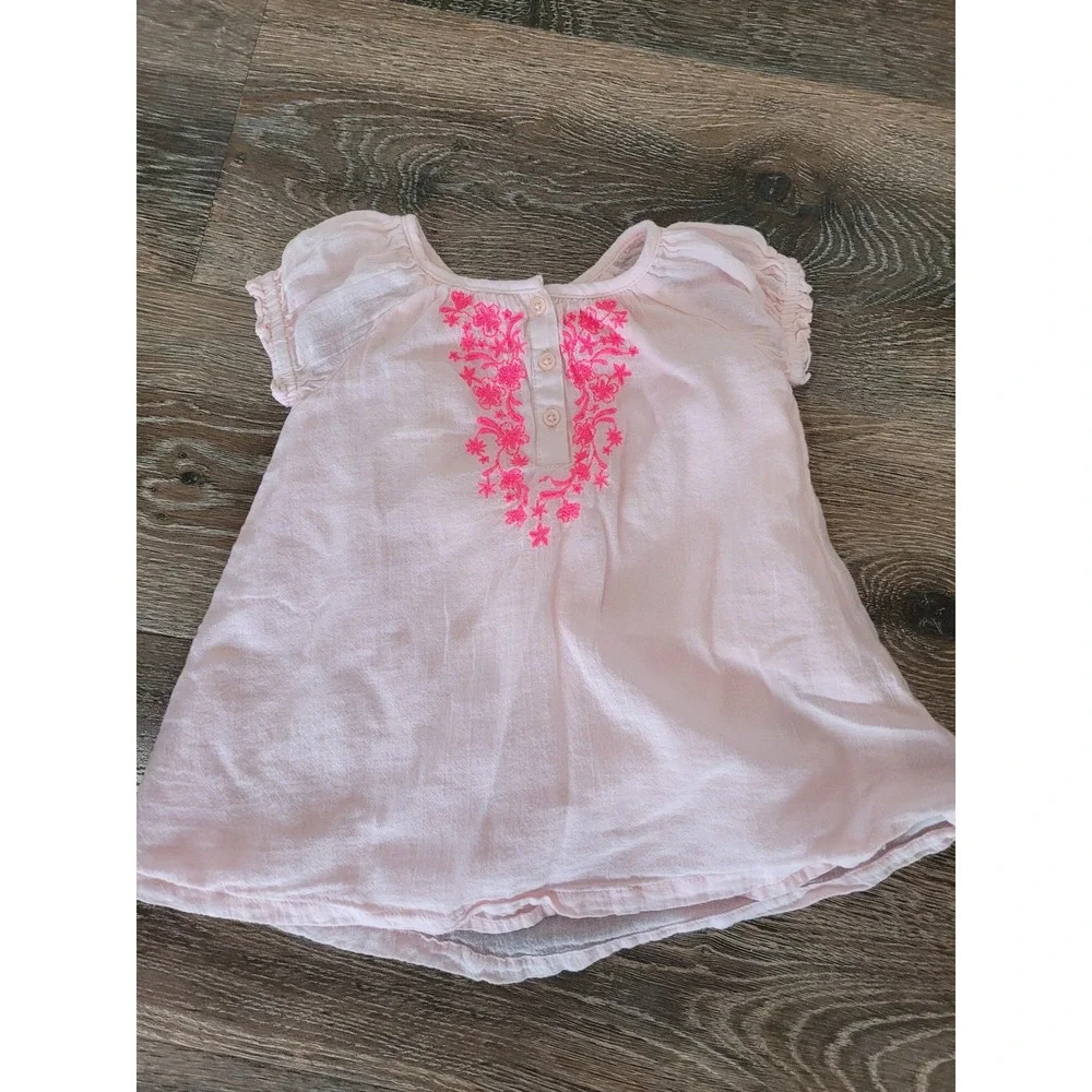 Baby Gap‎ Pink Cotton Gauze Embroidered Floral Henley Dress 6-12 M Short Slv #S